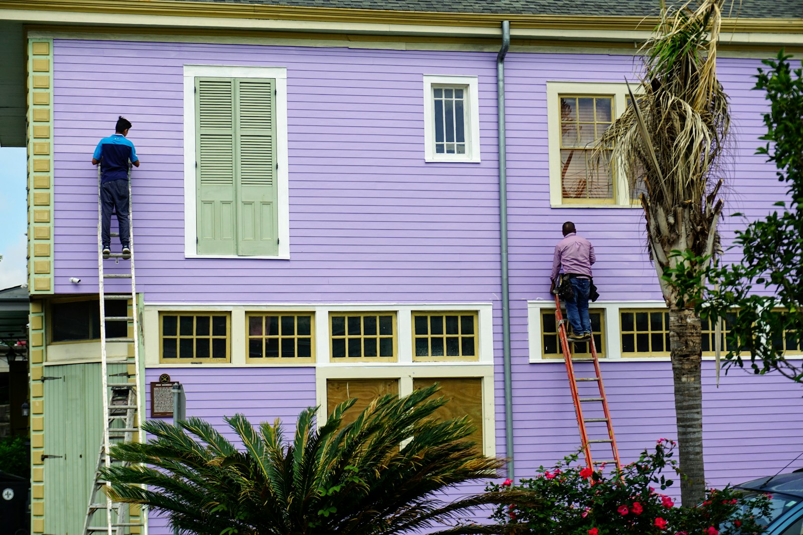 Operai su una scala durante la manutenzione della facciata di una casa