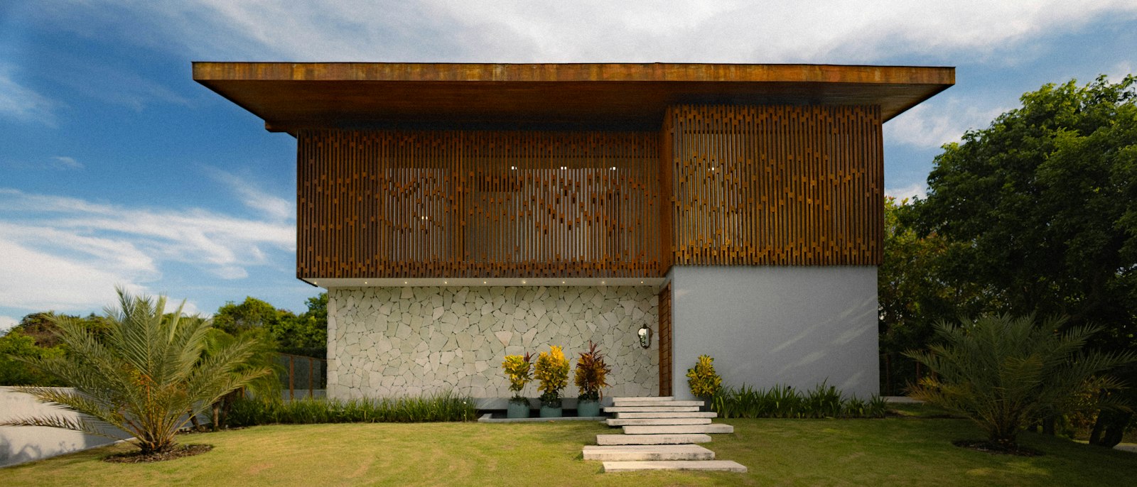 Villa moderna con facciata in legno e dettagli in pietra